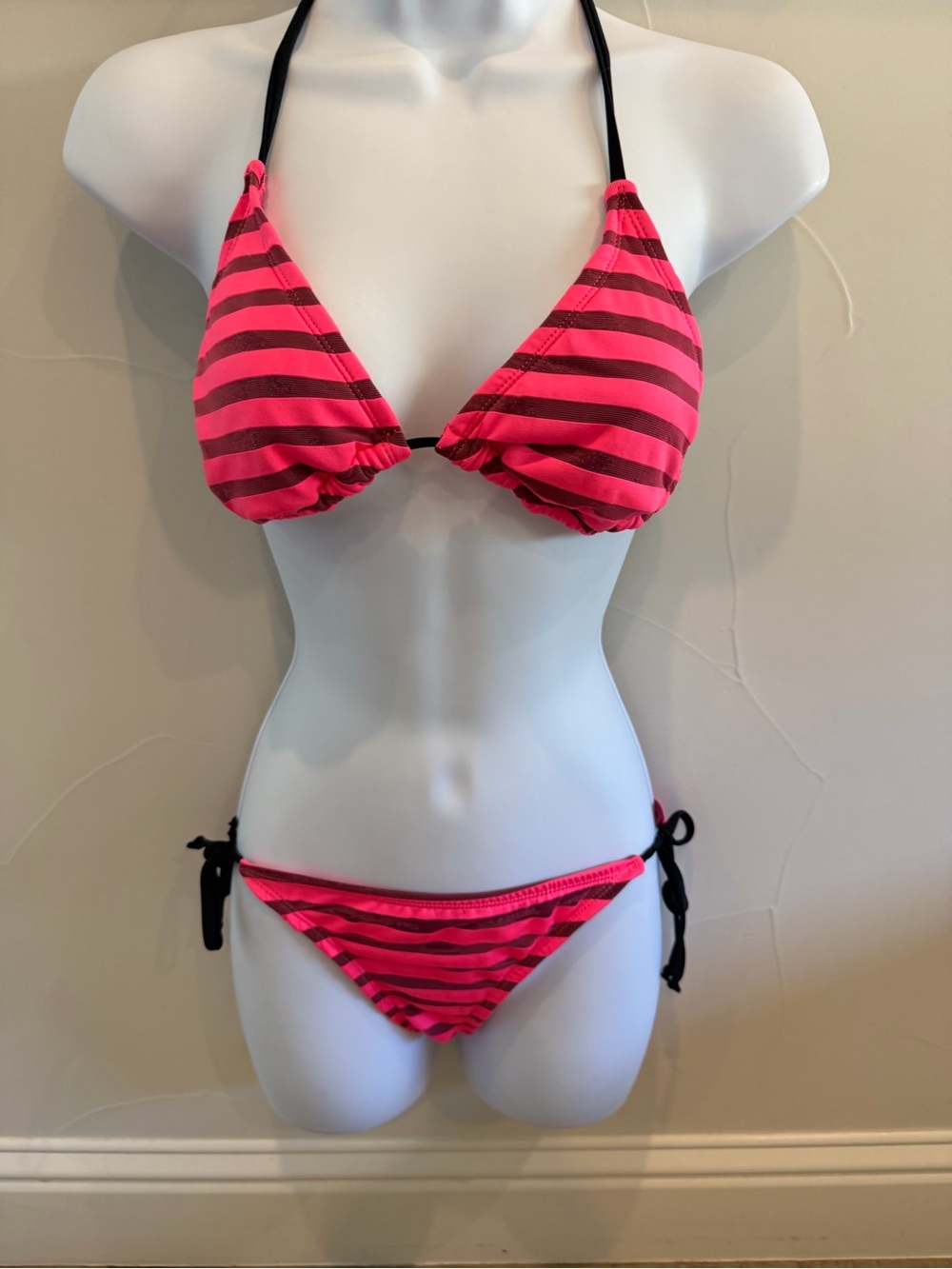 Xhilaration Neon Pink & Black Striped Triangle String Bikini Set Size Small
